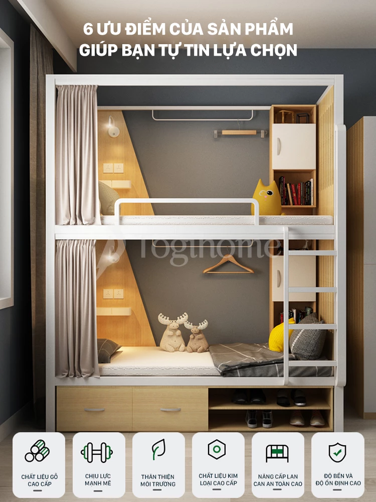 Nội thất bộ giường ngủ gỗ thép kết hợp kệ sách và tủ GSTE003 chất liệu gỗ MDF chống ẩm cao cấp với 6 ưu điểm chính