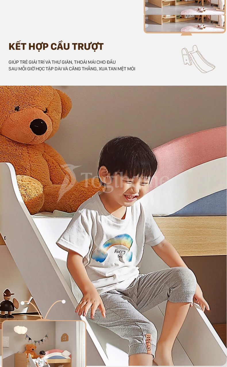 Combo giường tầng GTE027 kết hợp tủ và bàn học xinh xắn dành cho trẻ em với thiết kế tối ưu không gian với thiết kế cầu trượt giải trí