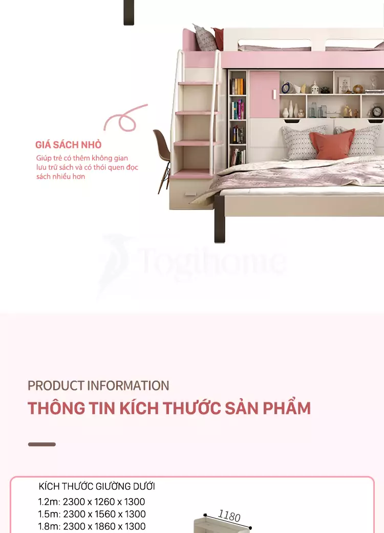 Kích thước chi tiết Bộ giường ngủ phong cách hiện đại GTE021 kết hợp với tủ đồ và bàn làm việc tiện nghi, đa năng