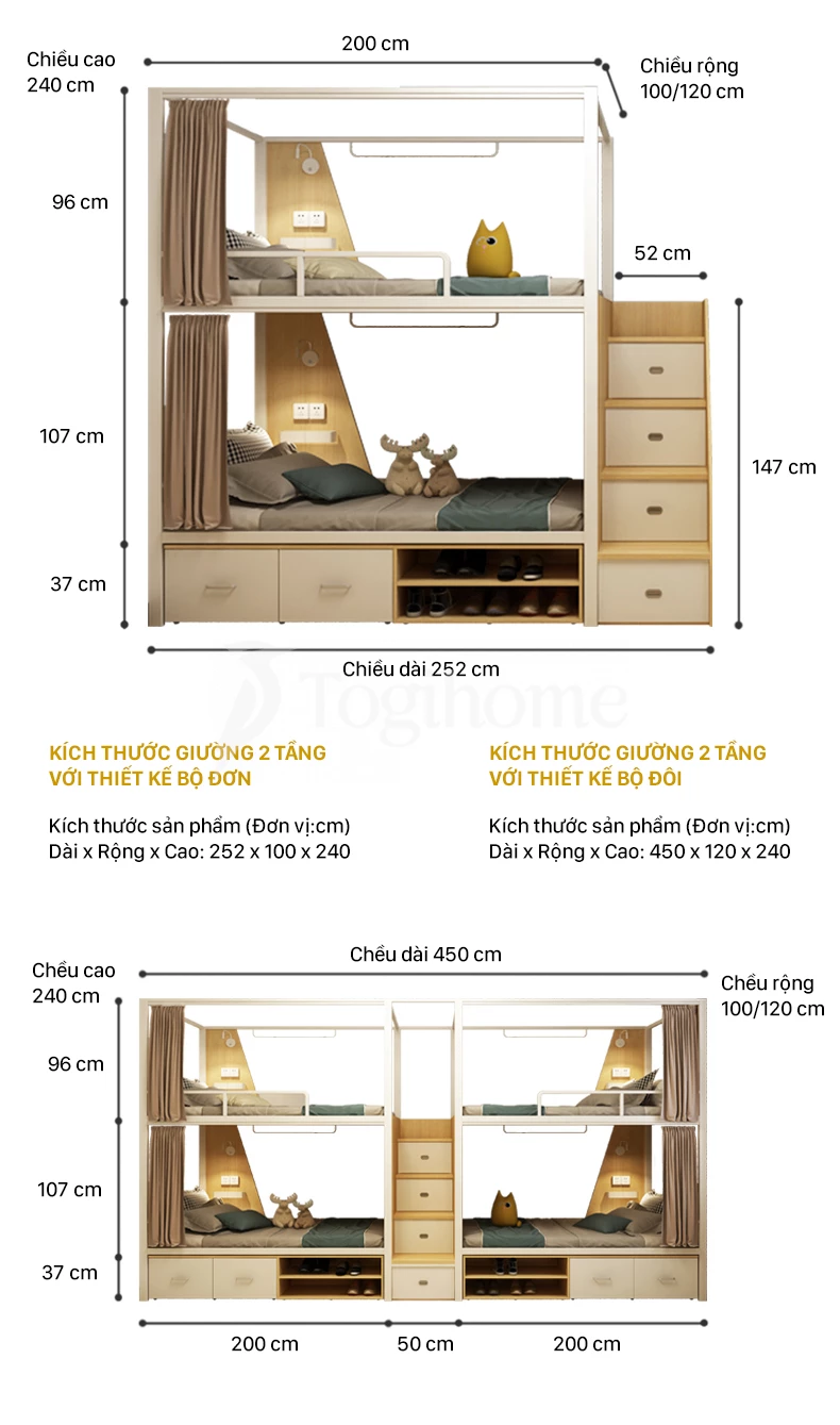 Kích thước chi tiết Bộ giường ngủ 2 tầng gỗ thép đa năng GSTE005 kết hợp kệ/tủ thang phong cách hiện đại