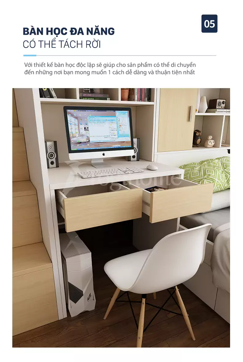 Bàn học tách rời của BỘ GIƯỜNG TẦNG ĐA NĂNG TRẺ EM KẾT HỢP TỦ QUẦN ÁO/CẦU THANG GTE09 phong cách tối giản, sang trọng