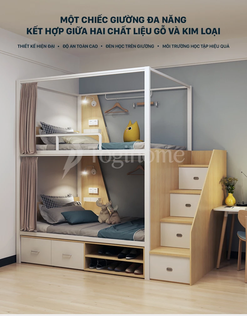 Bộ giường ngủ 2 tầng gỗ thép đa năng GSTE005 kết hợp kệ/tủ thang phong cách hiện đại đa năng