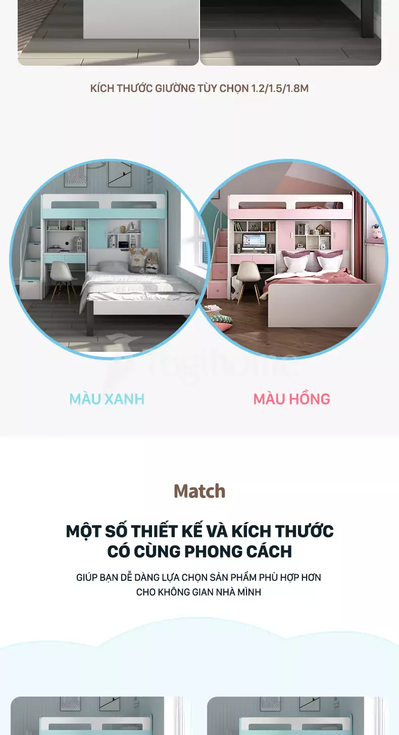 Màu sắc Combo giường tầng/tủ quần áo/bàn học/kệ sách GTE014 kiểu dáng hiện đại, chất liệu gỗ MDF thân thiện môi trường