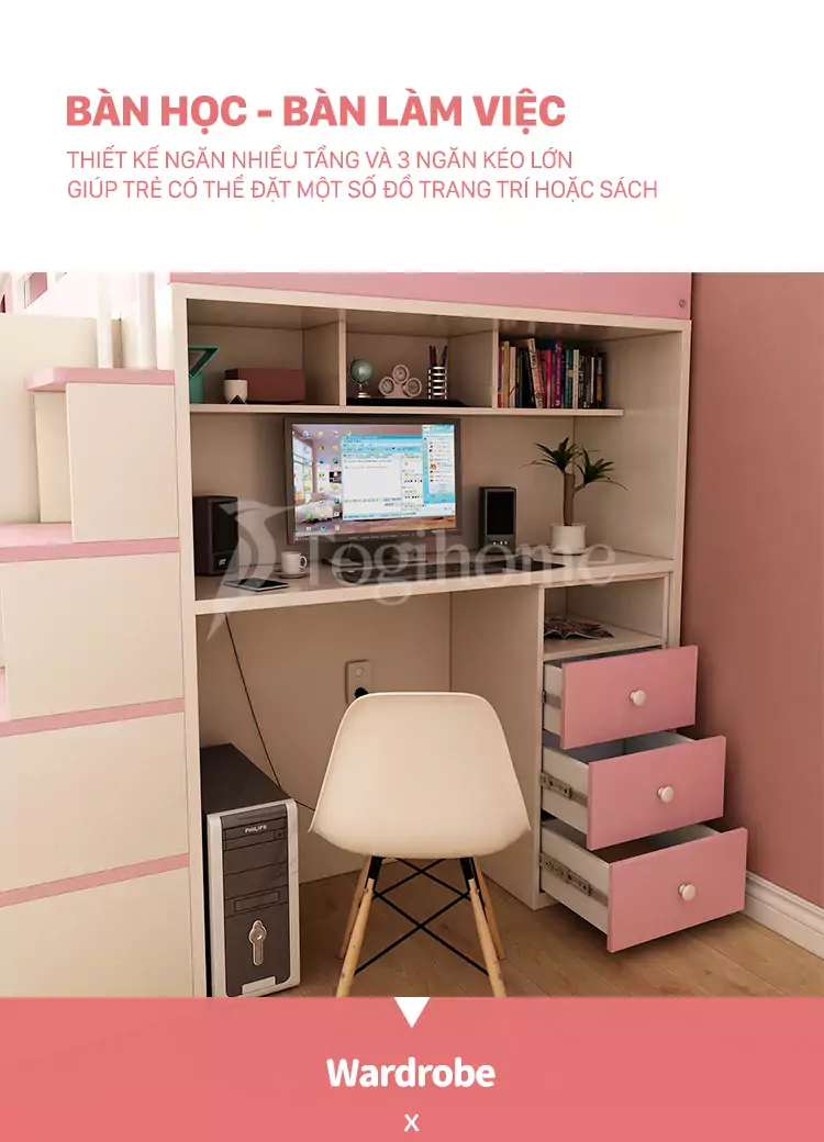 Bàn học nhiều tầng Bộ giường ngủ phong cách hiện đại GTE021 kết hợp với tủ đồ và bàn làm việc tiện nghi, đa năng