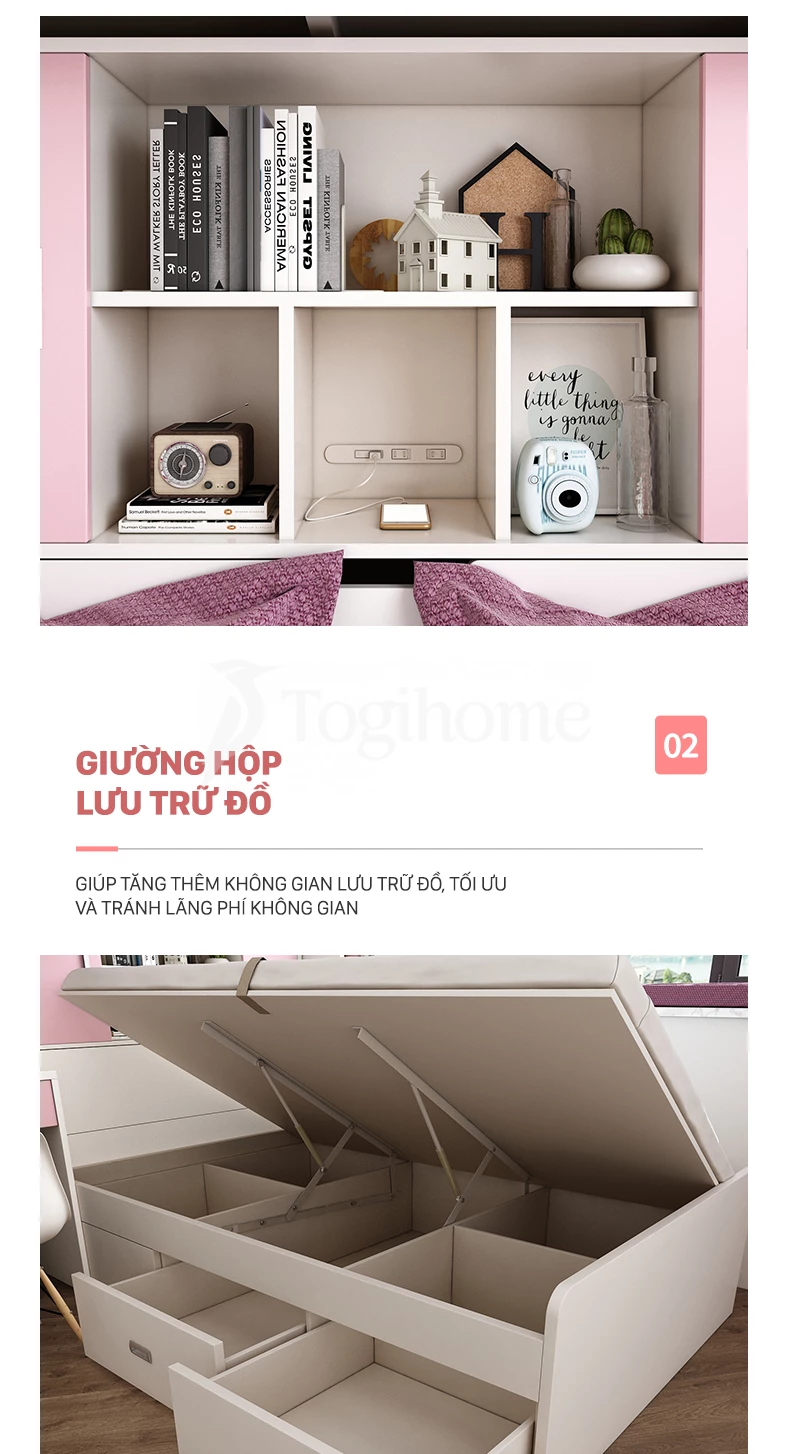 BỘ GIƯỜNG TẦNG TRẺ EM GTE017 thiết kế kết hợp tủ và bàn học phong cách Bắc Âu, đa năng với thiết kế giường hộp lưu trữ tối ưu diện tích