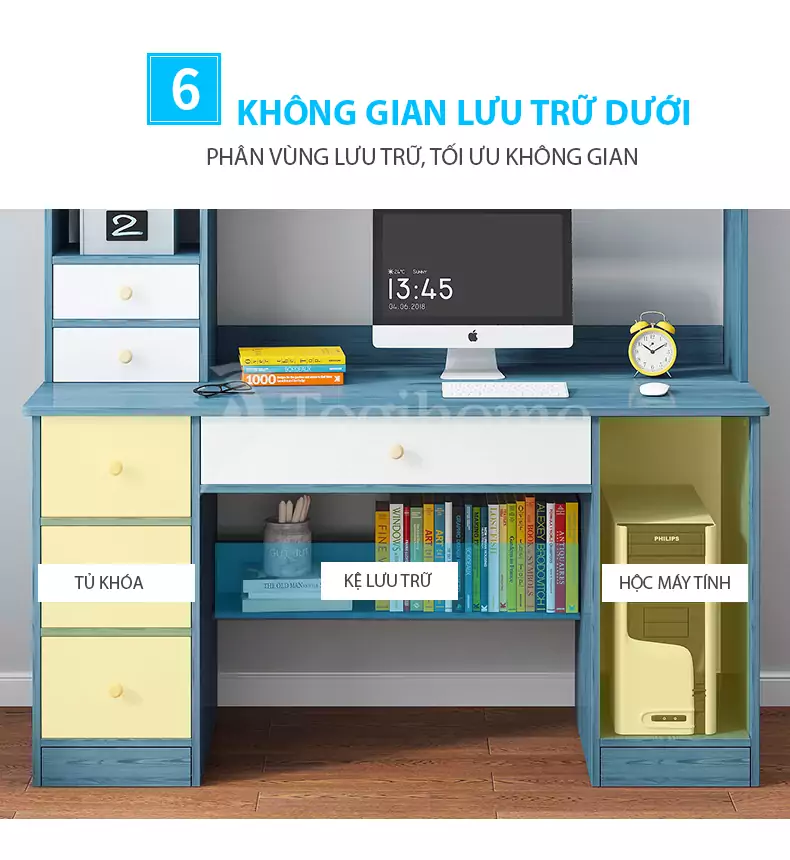 Bàn học sinh đa năng kết hợp giá sách nhiều năng lưu trữ linh hoạt BHS011, chất liệu gỗ MDF chống ẩm cao cấp với phân vùng lưu trữ đa dạng