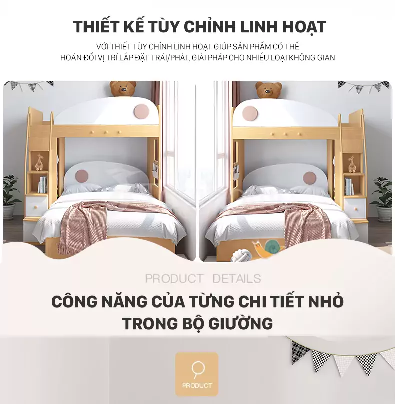 Bộ giường tầng đa năng kết hợp tủ đồ và tủ thang GTE028 kiểu dáng hiện đại, xinh xắn cho trẻ em với thiết kế tùy chỉnh linh hoạt