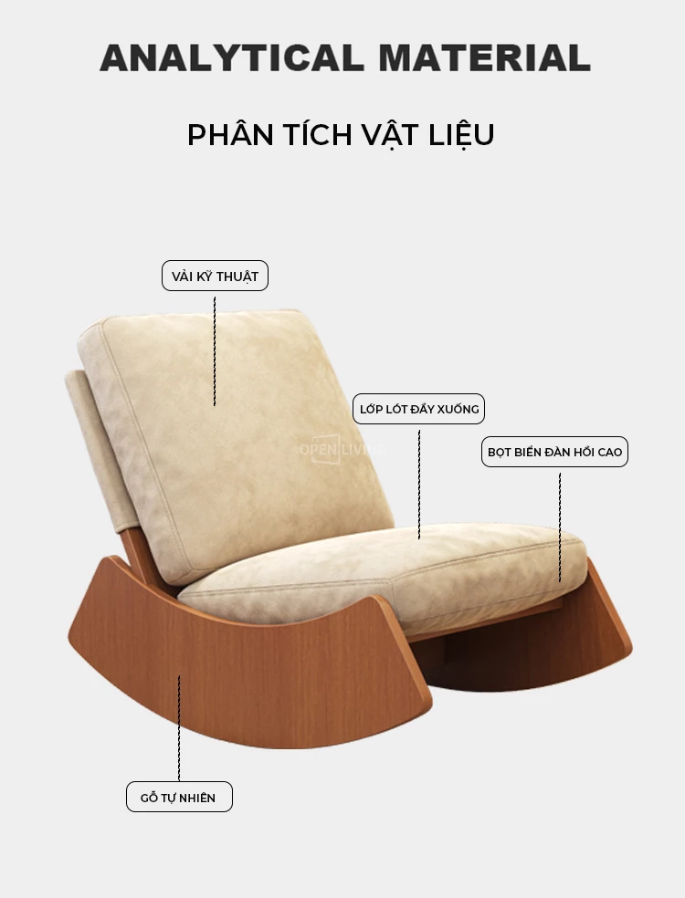 Ghế sofa đơn bập bênh thư giãn OpenLiving OSF 063 được làm từ gỗ tự nhiên, kết hợp thiết kế ghế lười hiện đại, mang đến sự thoải mái và êm ái. Sản phẩm lý tưởng cho không gian thư giãn, giúp bạn tận hưởng những khoảnh khắc yên bình với phong cách mộc mạc, sang trọng