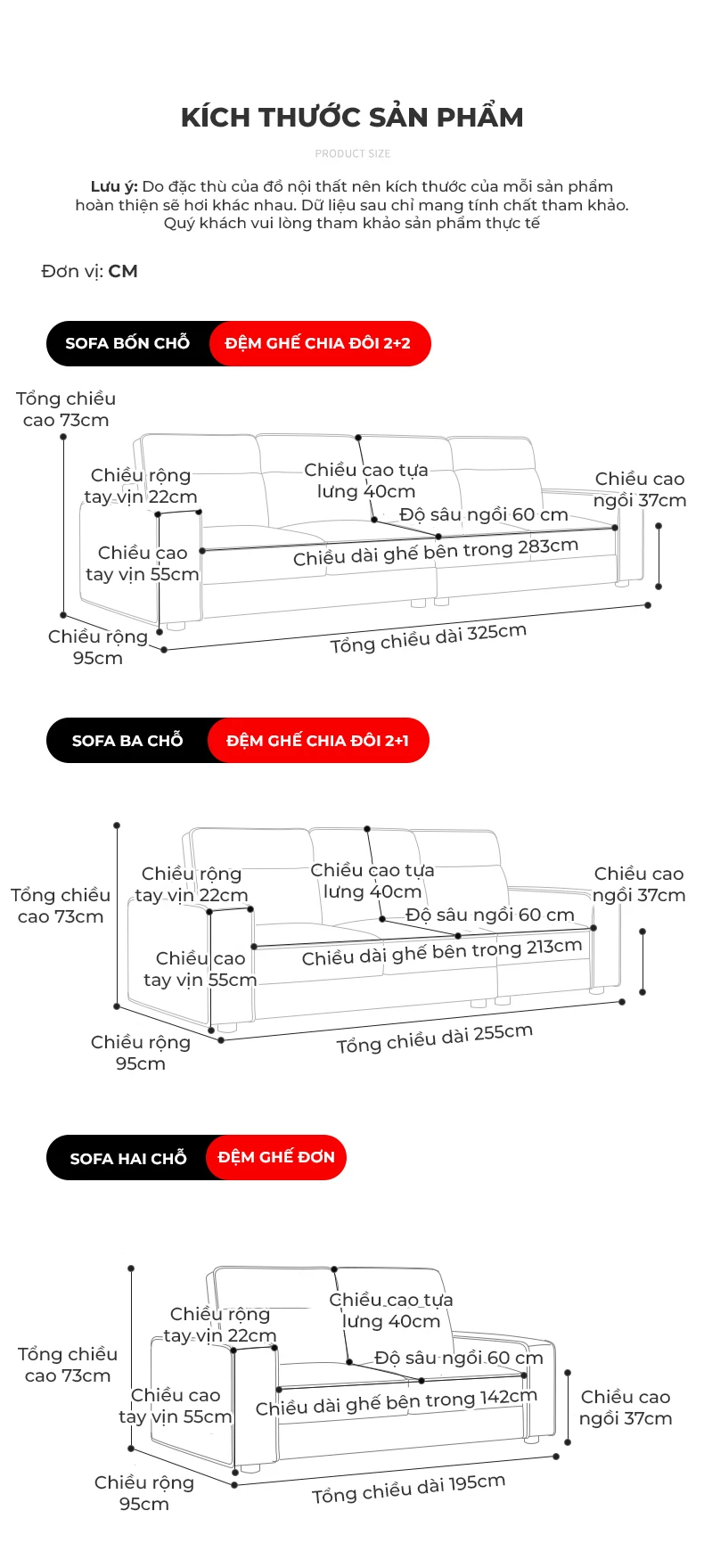 kích thước chi tiết của Ghế sofa phòng khách cao cấp SB14