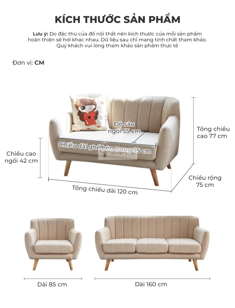 kích thước chi tiết của Ghế sofa phòng khách cao cấp SB16