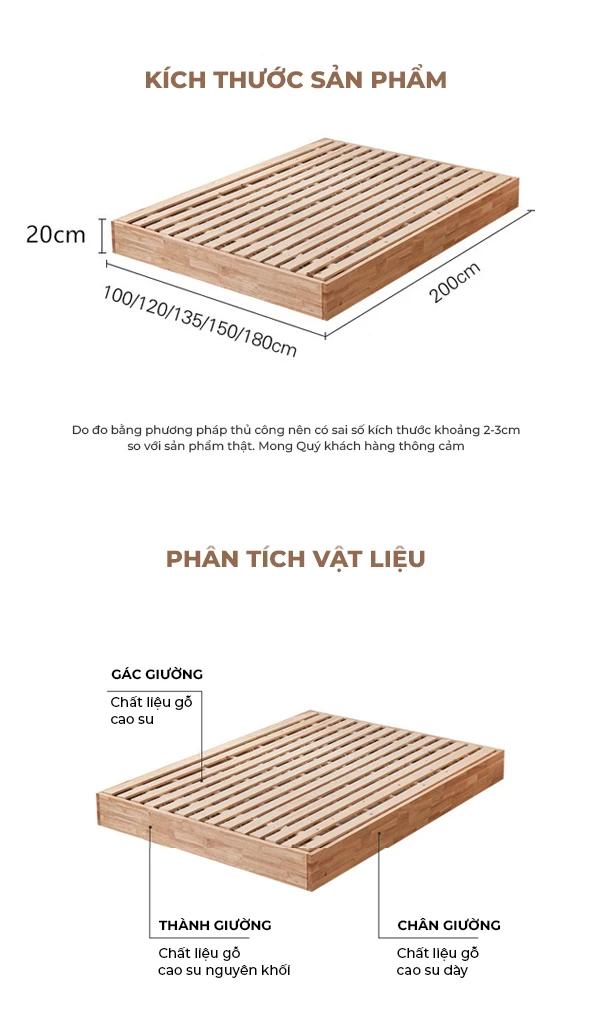 kích thước chi tiết của Giường bệt gỗ tự nhiên thiết kế tối giản BR48