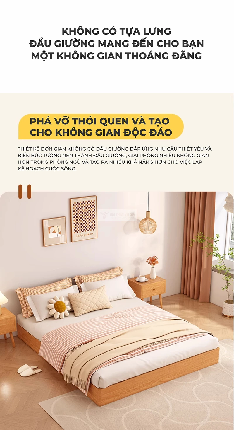 thiết kế không đầu giường thoải mái của Giường bệt gỗ tự nhiên tối giản BR107