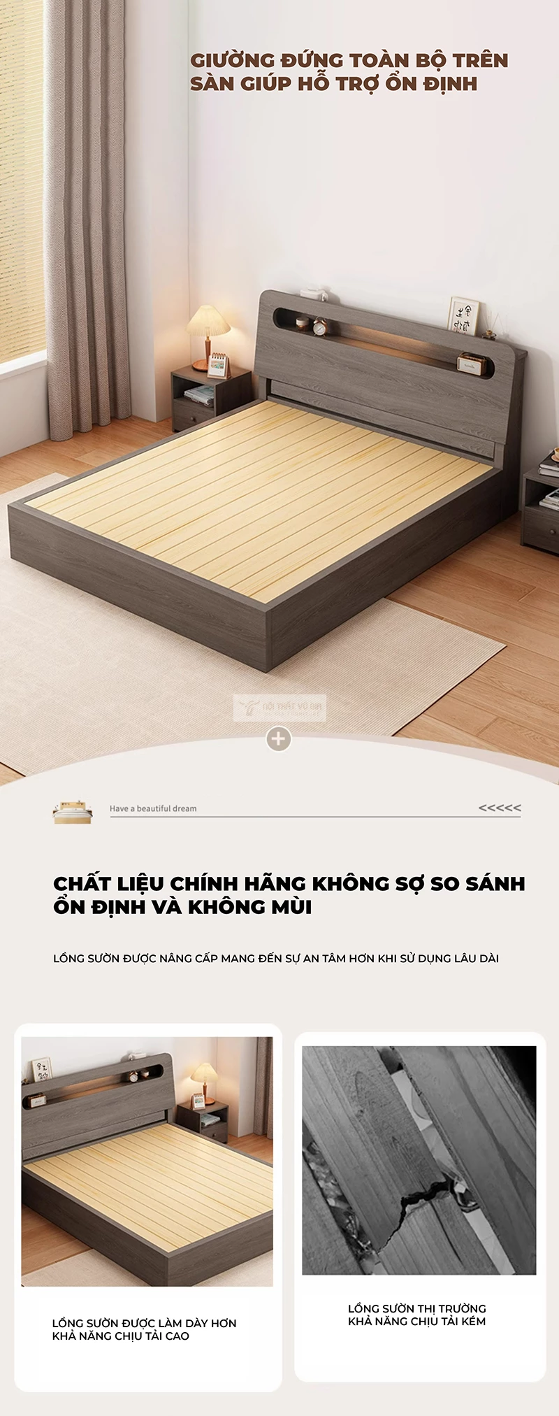 thiết kế kết cấu chắc chắn của Giường bệt kiểu Hàn có đầu giường BR150