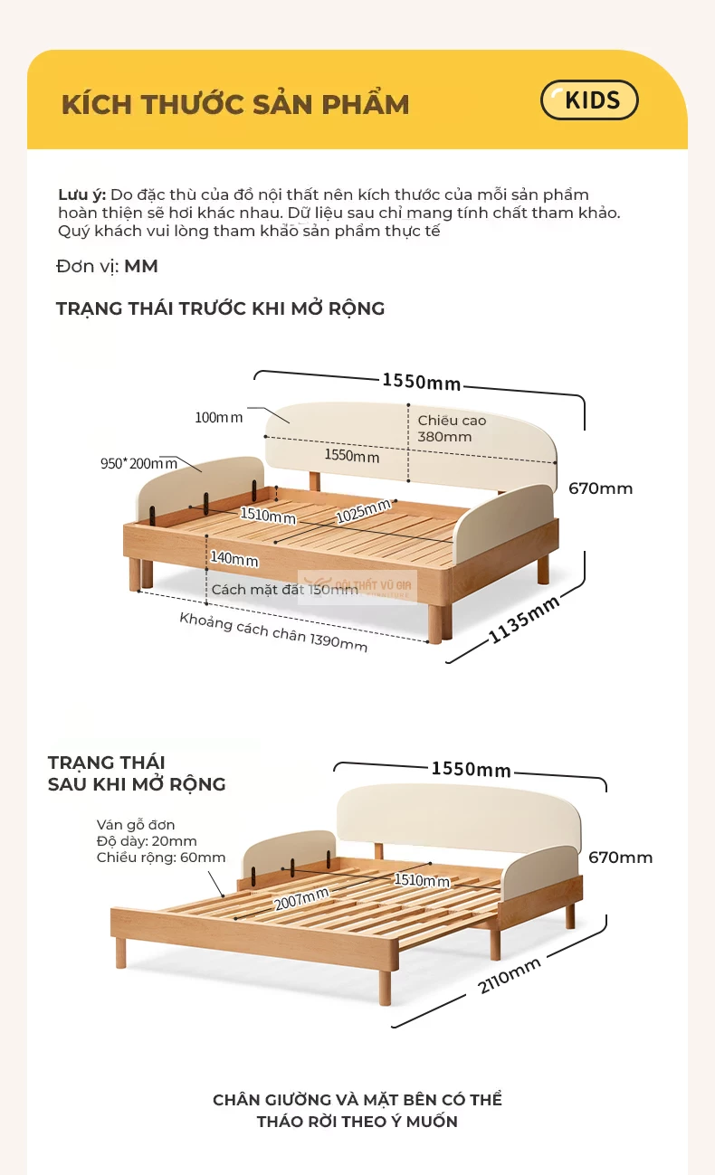 kích thước chi tiết của Giường cho bé thiết kế thu kéo linh hoạt TE36