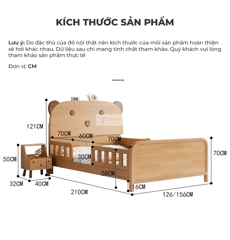 kích thước chi tiết của Giường cho bé tùy chỉnh đa dạng, linh hoạt TE38