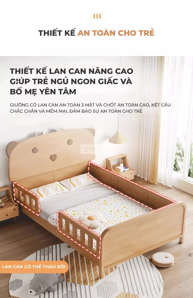 thiết kế lan can an toàn của Giường cho bé tùy chỉnh đa dạng, linh hoạt TE38