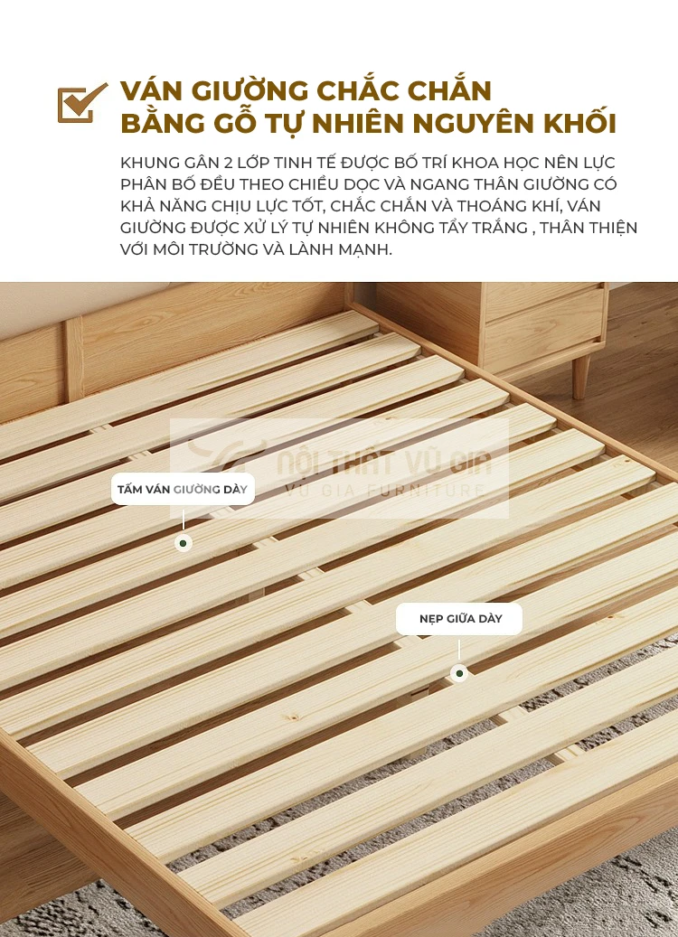 chi tiết kết cấu giát giường của Giường gỗ tự nhiên kết hợp đệm cao cấp BR3