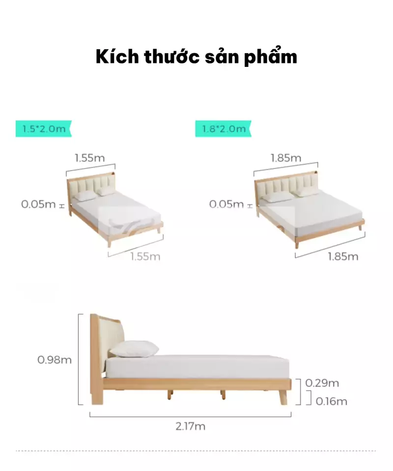 kích thước chi tiết của Giường gỗ tự nhiên kết hợp đệm đầu giường BR8