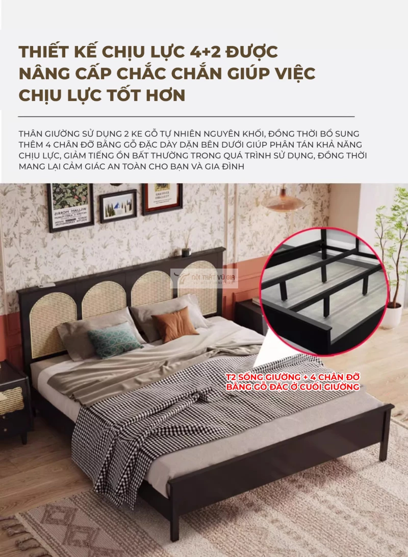 thiết kế kết cấu chắc chắn của Giường gỗ tự nhiên kết hợp mây độc đáo BR148