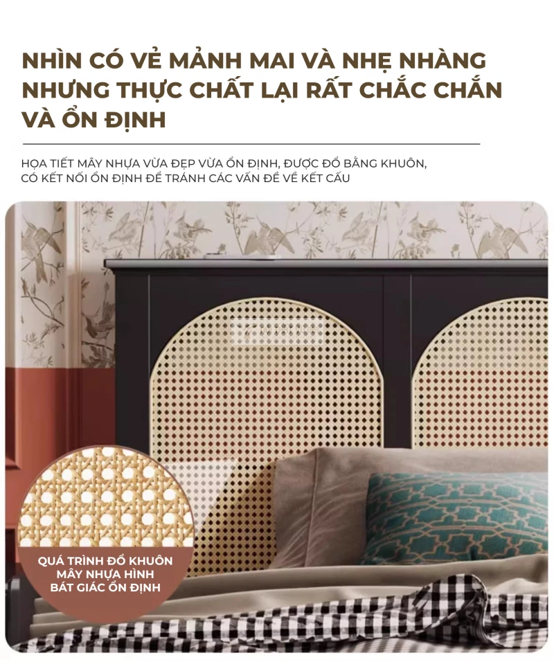 thiết kế chắc chắn, bảo đảm của Giường gỗ tự nhiên kết hợp mây độc đáo BR148