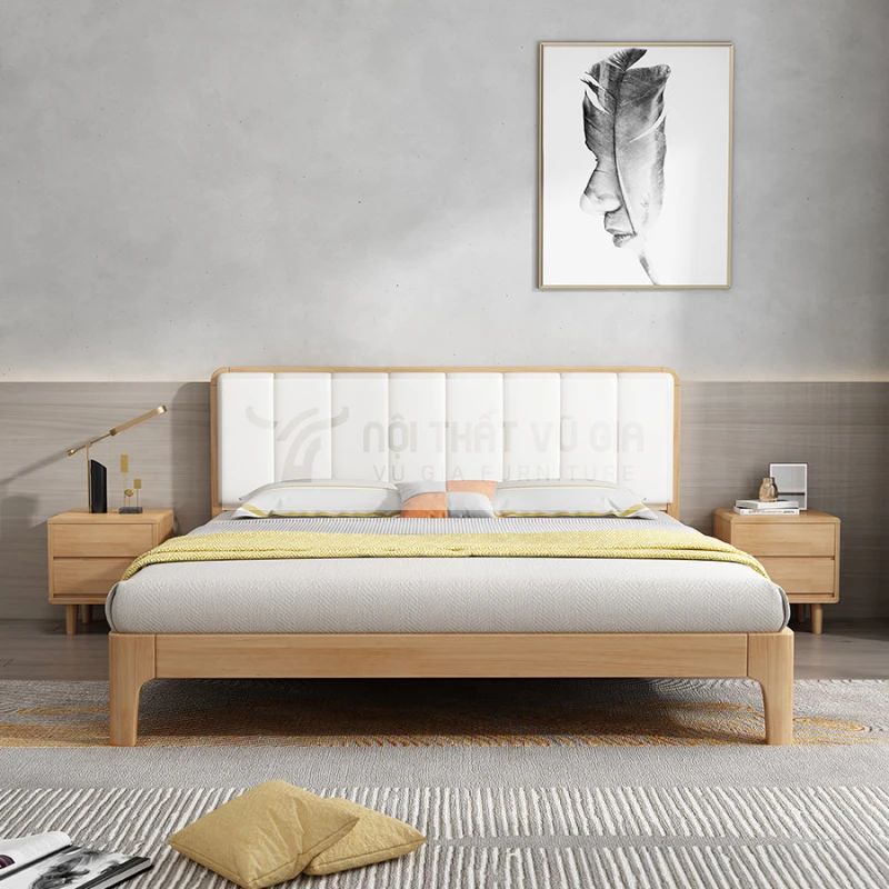 Giường gỗ tự nhiên kết hợp nệm đầu giường BR52