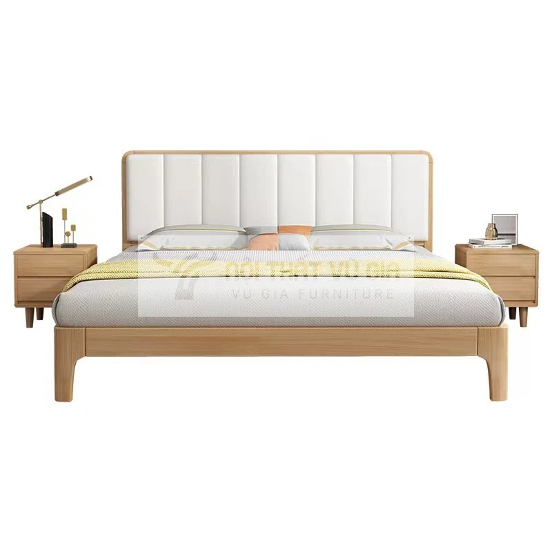 Giường gỗ tự nhiên kết hợp nệm đầu giường BR52
