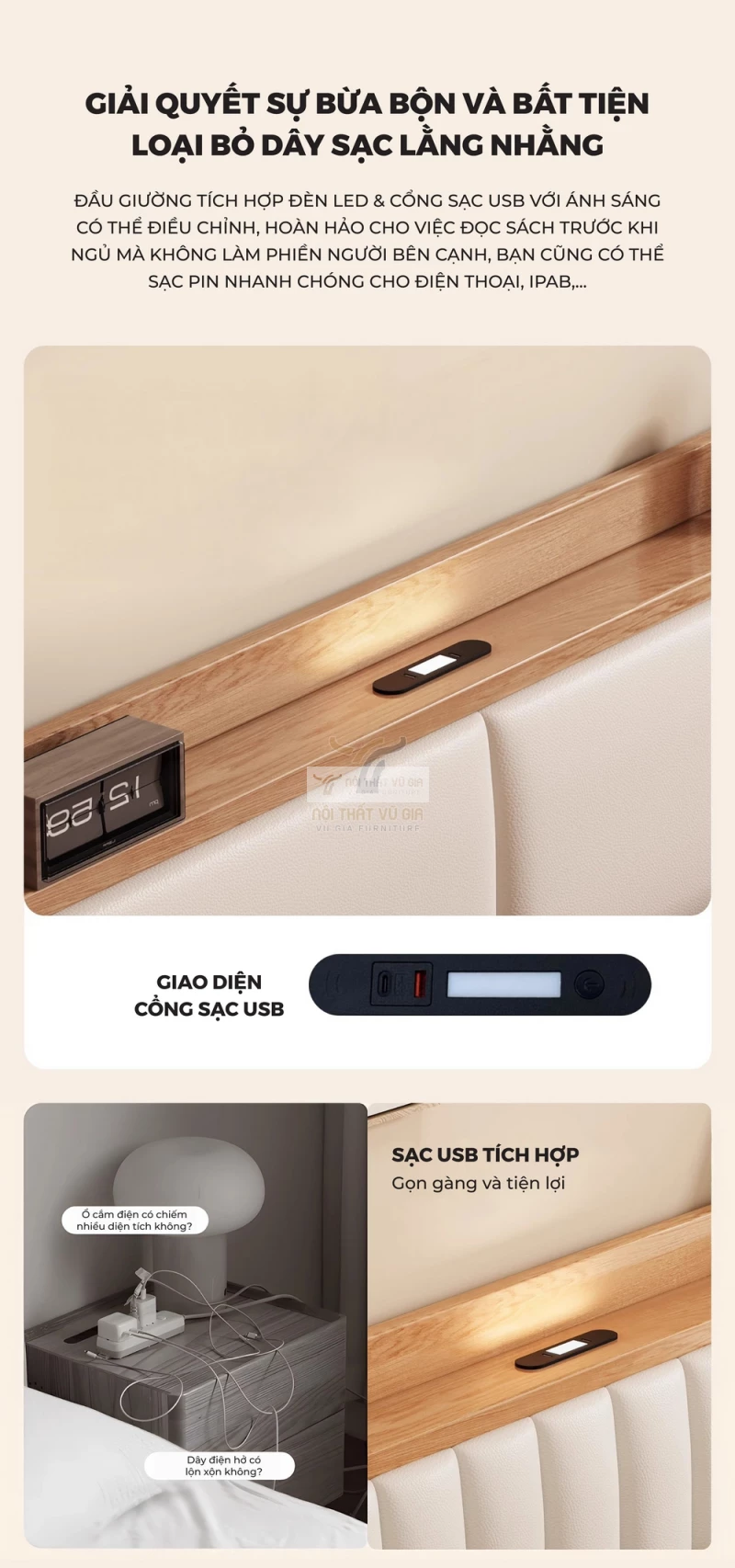 thiết kế ổ cắm đầu giường tiện lợi của Giường gỗ tự nhiên kết hợp nệm đầu giường cao cấp phong cách hiện đại 