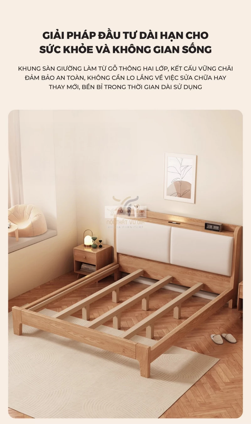 kết cấu của Giường gỗ tự nhiên kết hợp nệm đầu giường cao cấp phong cách hiện đại 