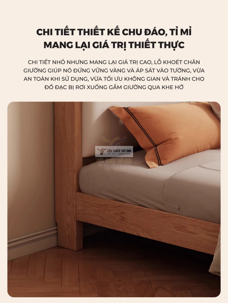 thiết kế tỉ mỉ của Giường gỗ tự nhiên kết hợp nệm đầu giường cao cấp phong cách hiện đại 
