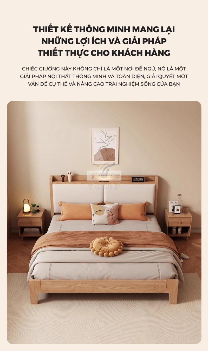 thiết kế thông minh của Giường gỗ tự nhiên kết hợp nệm đầu giường cao cấp phong cách hiện đại 