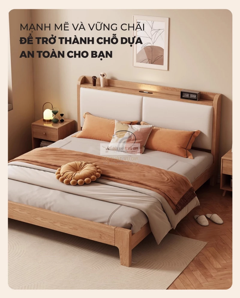 thiết kế chắc chắn của Giường gỗ tự nhiên kết hợp nệm đầu giường cao cấp phong cách hiện đại 