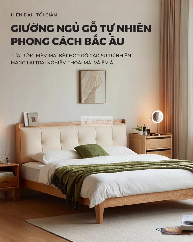 Giường gỗ tự nhiên kết hợp nệm đầu giường cao cấp phong cách thanh lịch BR174