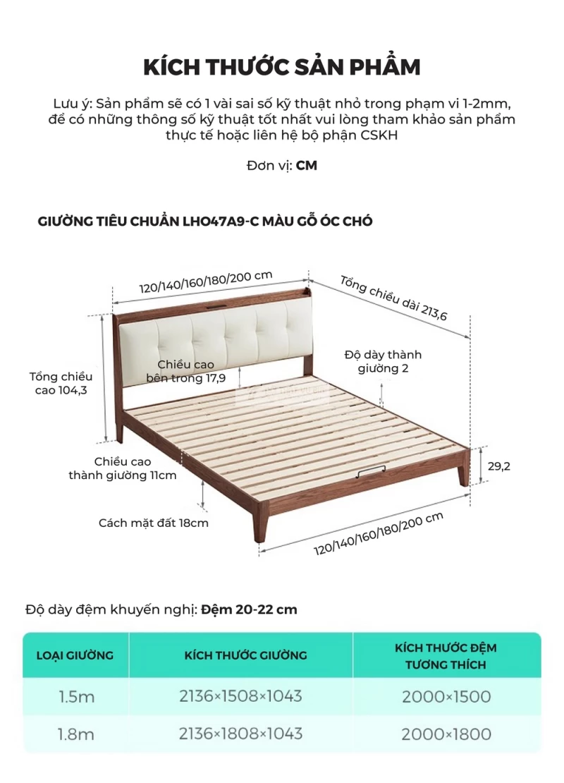 kích thước chi tiết của Giường gỗ tự nhiên kết hợp nệm đầu giường cao cấp phong cách thanh lịch BR174