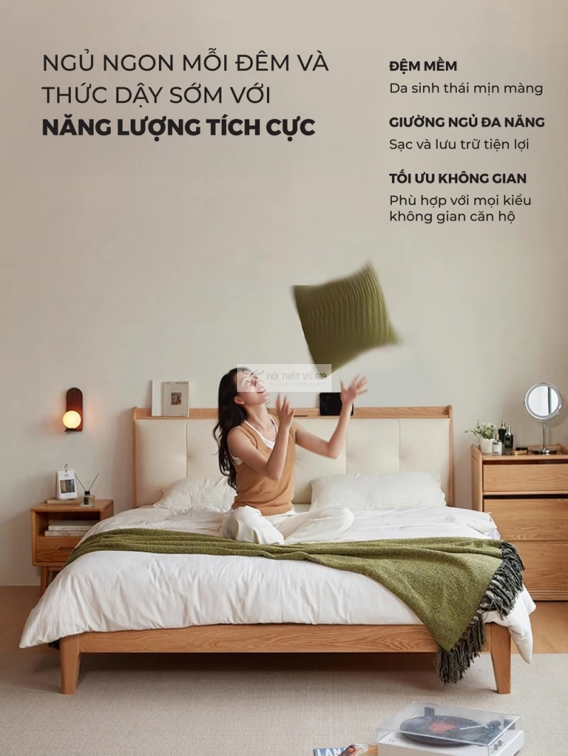 thiết kế sang trọng của Giường gỗ tự nhiên kết hợp nệm đầu giường cao cấp phong cách thanh lịch BR174