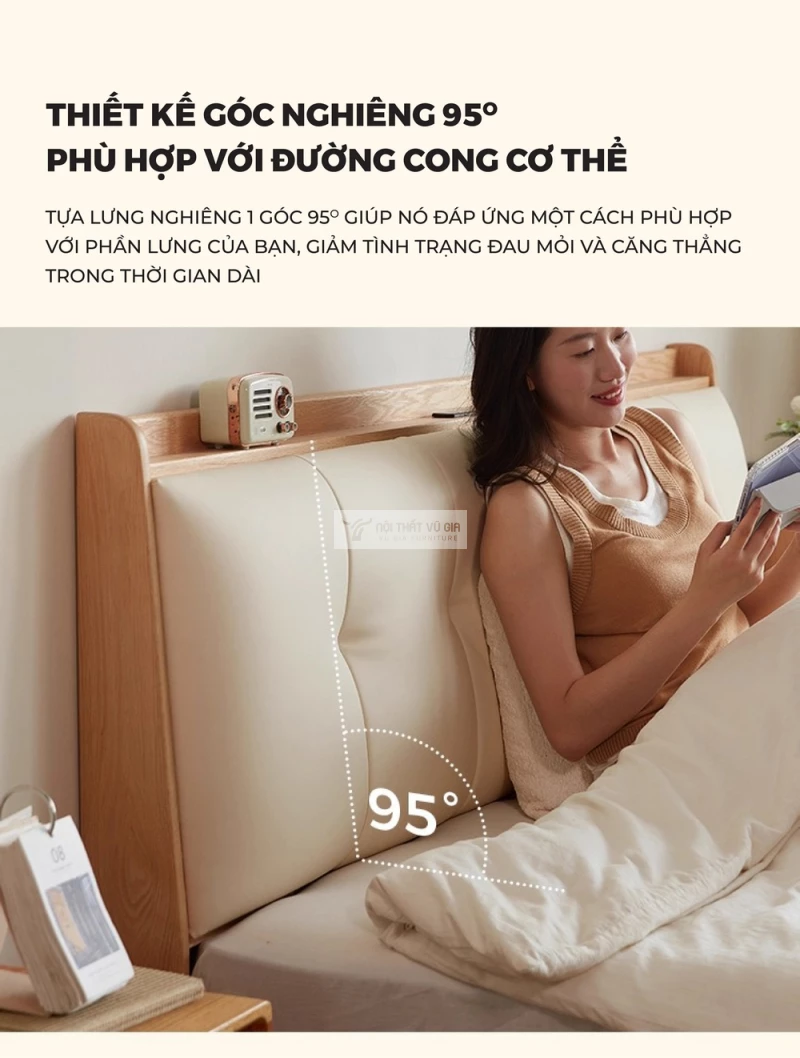 tựa đầu giường nghiêng êm ái của Giường gỗ tự nhiên kết hợp nệm đầu giường cao cấp phong cách thanh lịch BR174