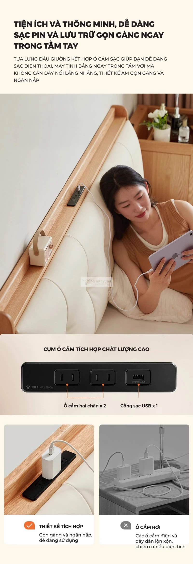 thiết kế lưu trữ tiện lợi của Giường gỗ tự nhiên kết hợp nệm đầu giường cao cấp phong cách thanh lịch BR174