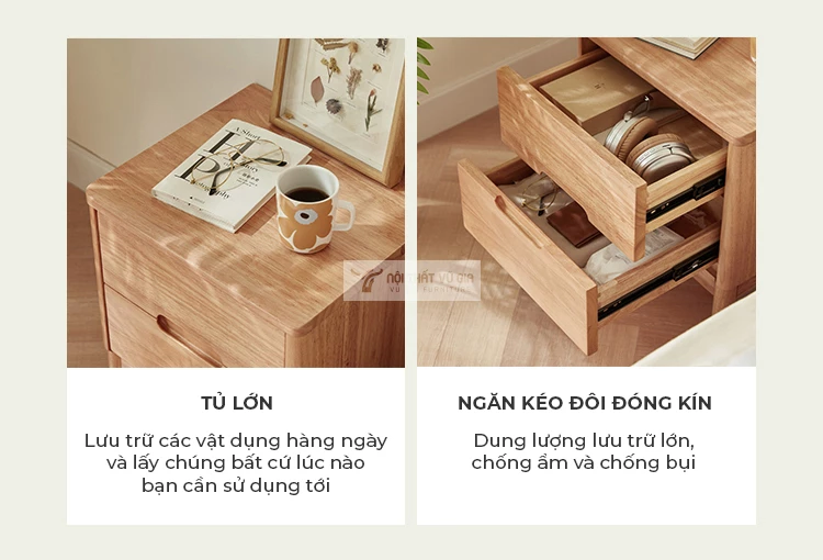 chi tiết tủ đi kèm của Giường gỗ tự nhiên kết hợp nệm đầu giường êm ái BR101