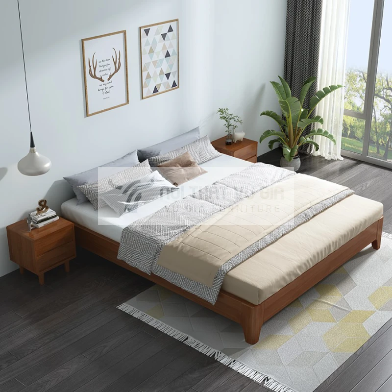 Giường gỗ tự nhiên không đầu giường tối giản BR1