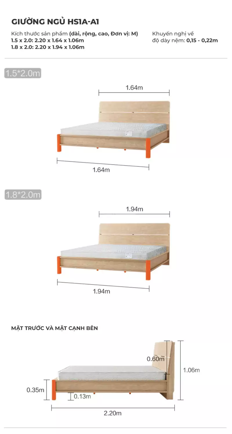 kích thước của Giường gỗ tự nhiên kiểu Hàn GB020