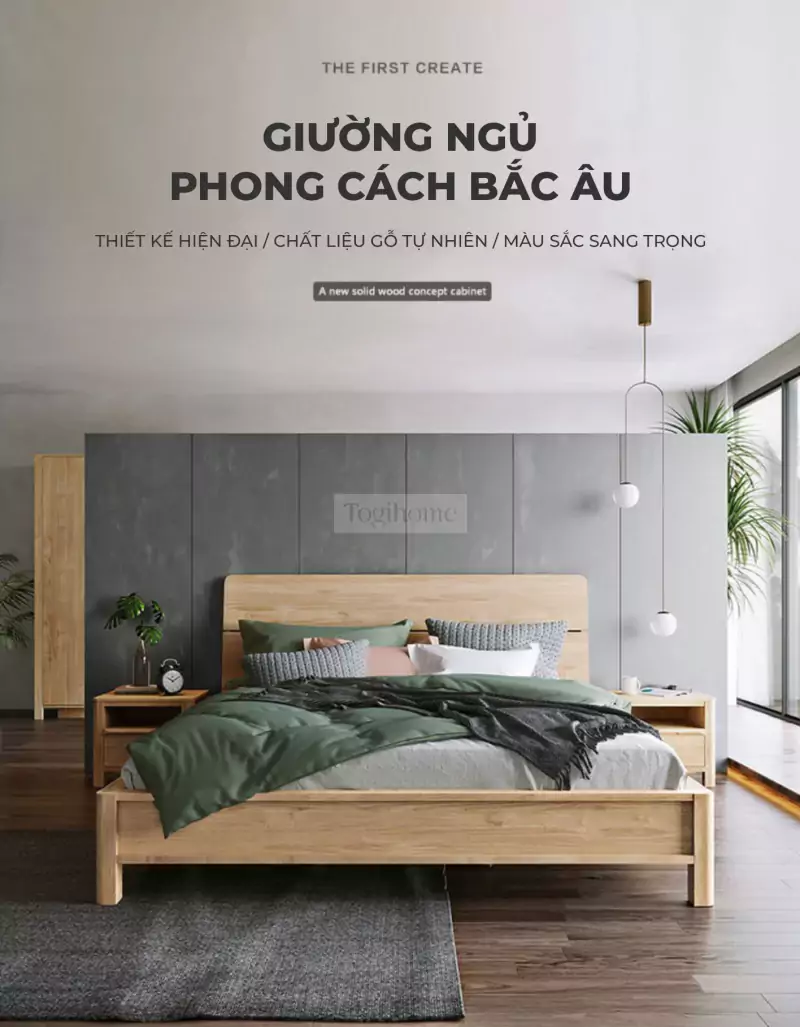 Giường gỗ tự nhiên kiểu Hàn GB020 phong cách tối giản