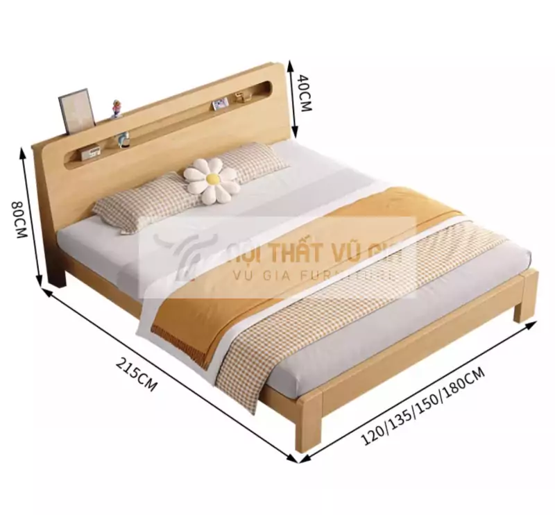 kích thước chi tiết của Giường gỗ tự nhiên kiểu Hàn thanh lịch BR32