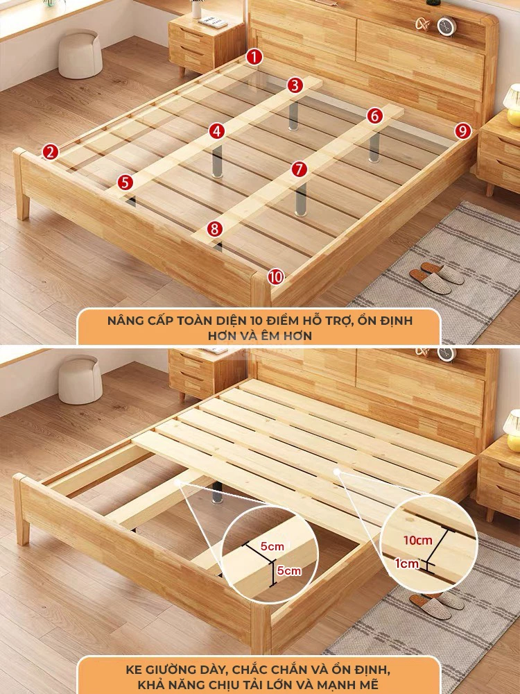 chi tiết kích thước khung giường của Giường gỗ tự nhiên phong cách Bắc Âu tối giản GB018