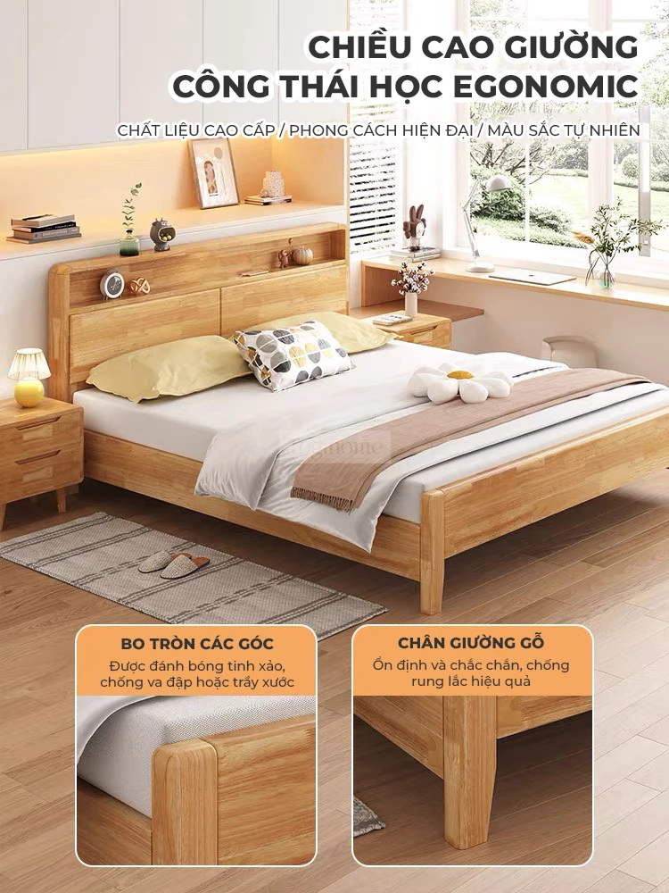 chiều cao thiết kế khoa học của Giường gỗ tự nhiên phong cách Bắc Âu tối giản GB018