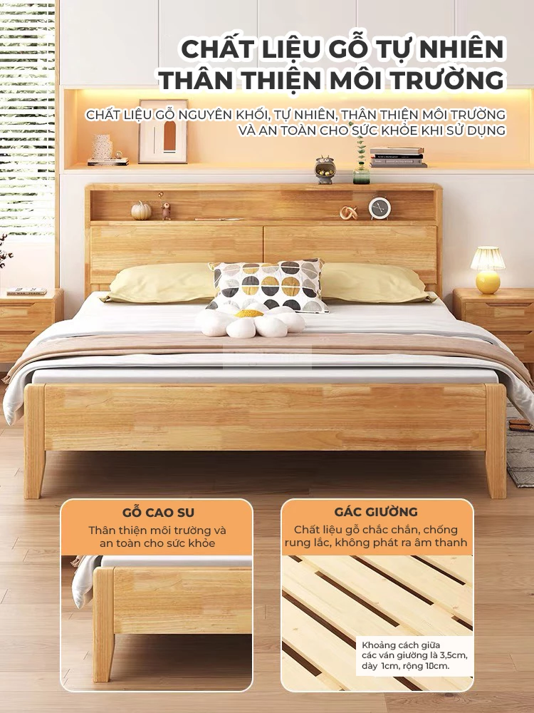 Giường gỗ tự nhiên phong cách Bắc Âu tối giản GB018 sử dụng chất liệu gỗ tự nhiên an toàn