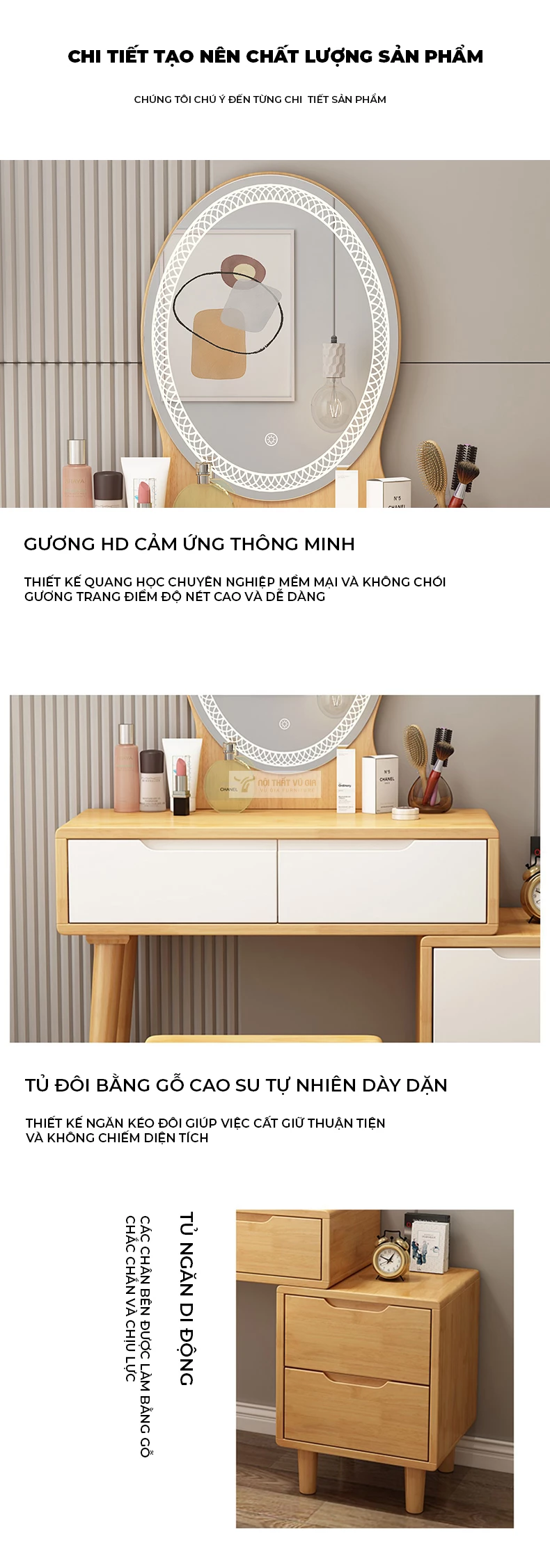 gương cảm ứng thông minh của Bàn trang điểm gỗ tự nhiên cao cấp BR131