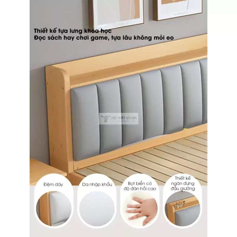 chi tiết đệm đầu giường của Giường gỗ tự nhiên phong cách tối giản kết hợp đệm đầu giường BR72