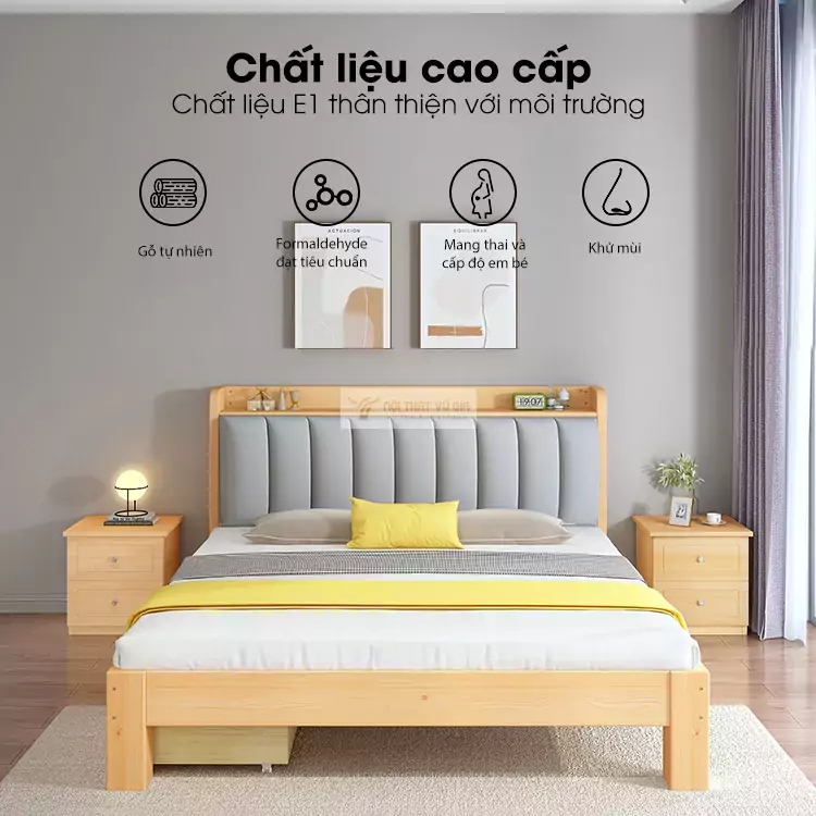 chi tiết chất liệu của Giường gỗ tự nhiên phong cách tối giản kết hợp đệm đầu giường BR72