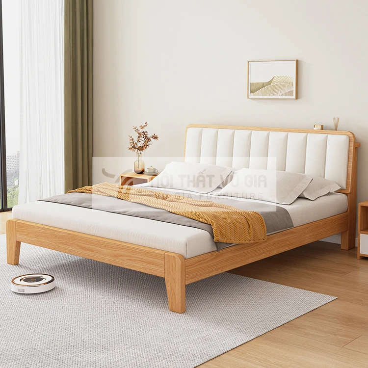 Giường gỗ tự nhiên phong cách tối giản kết hợp nệm đầu giường BR50