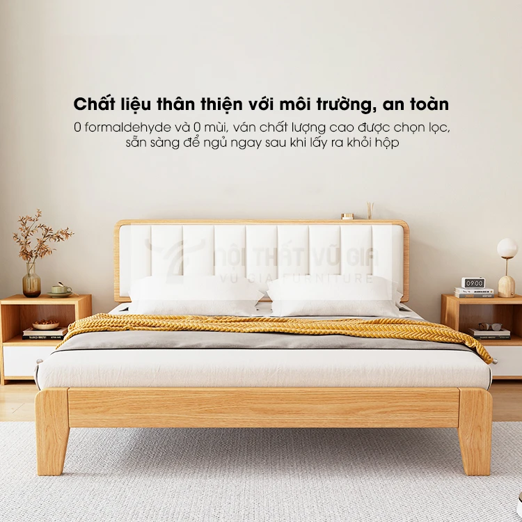 Giường gỗ tự nhiên phong cách tối giản kết hợp nệm đầu giường BR50 sử dụng chất liệu an toàn, thân thiện với môi trường