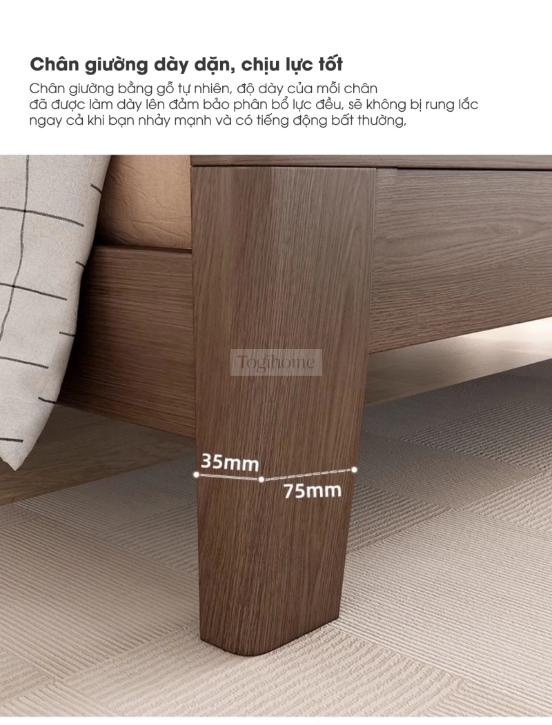 Giường gỗ tự nhiên tối giản, hiện đại GTN069 đang trang bị chân giường dày dặn, chắc chắn